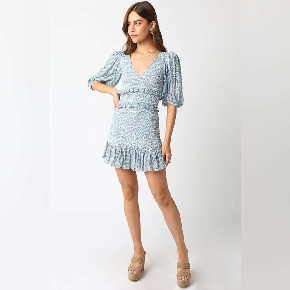 Olivaceous Blue Ruched Puff Sleeve Mini Dress